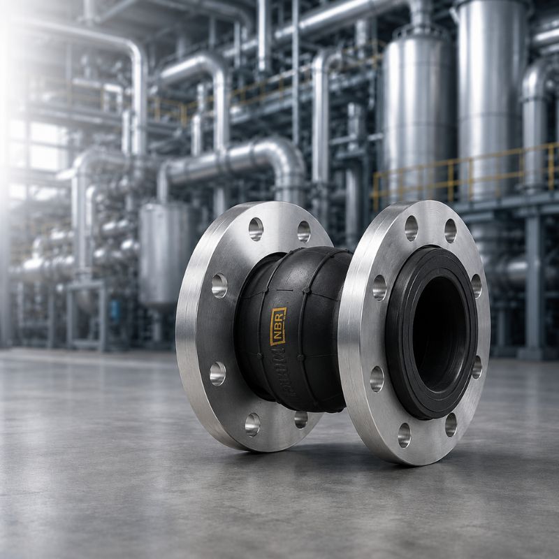 Armflex Rubber Bellow with Flanged Connection in Industrial Plant Setting Black rubber bellow expansion joint with machined steel flanges shown on a polished factory floor with blurred industrial pipework in the background.