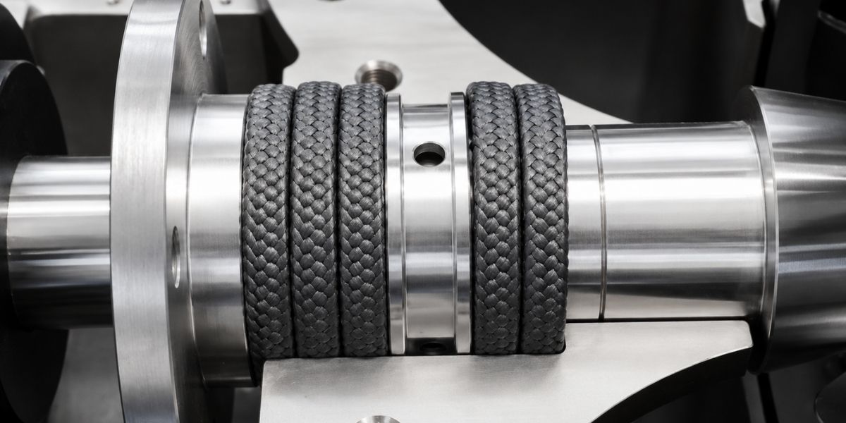Braided gland packing rings installed on a precision machined shaft assembly for pump and valve sealing applications.