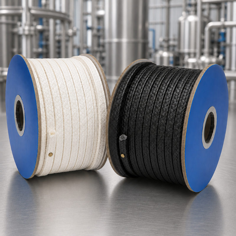 White and black braided gland packing rolls on spools, shown on a metal surface with a blurred industrial plant background.