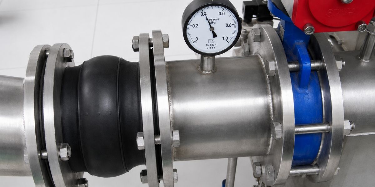 Industrial Rubber Bellow Installed in Stainless Steel Pipe Assembly Close-up of an industrial stainless steel pipe assembly featuring a black rubber bellow expansion joint installed between flanged pipe sections, with visible bolts, a clearly labelled pressure gauge, and blue and red valve components.