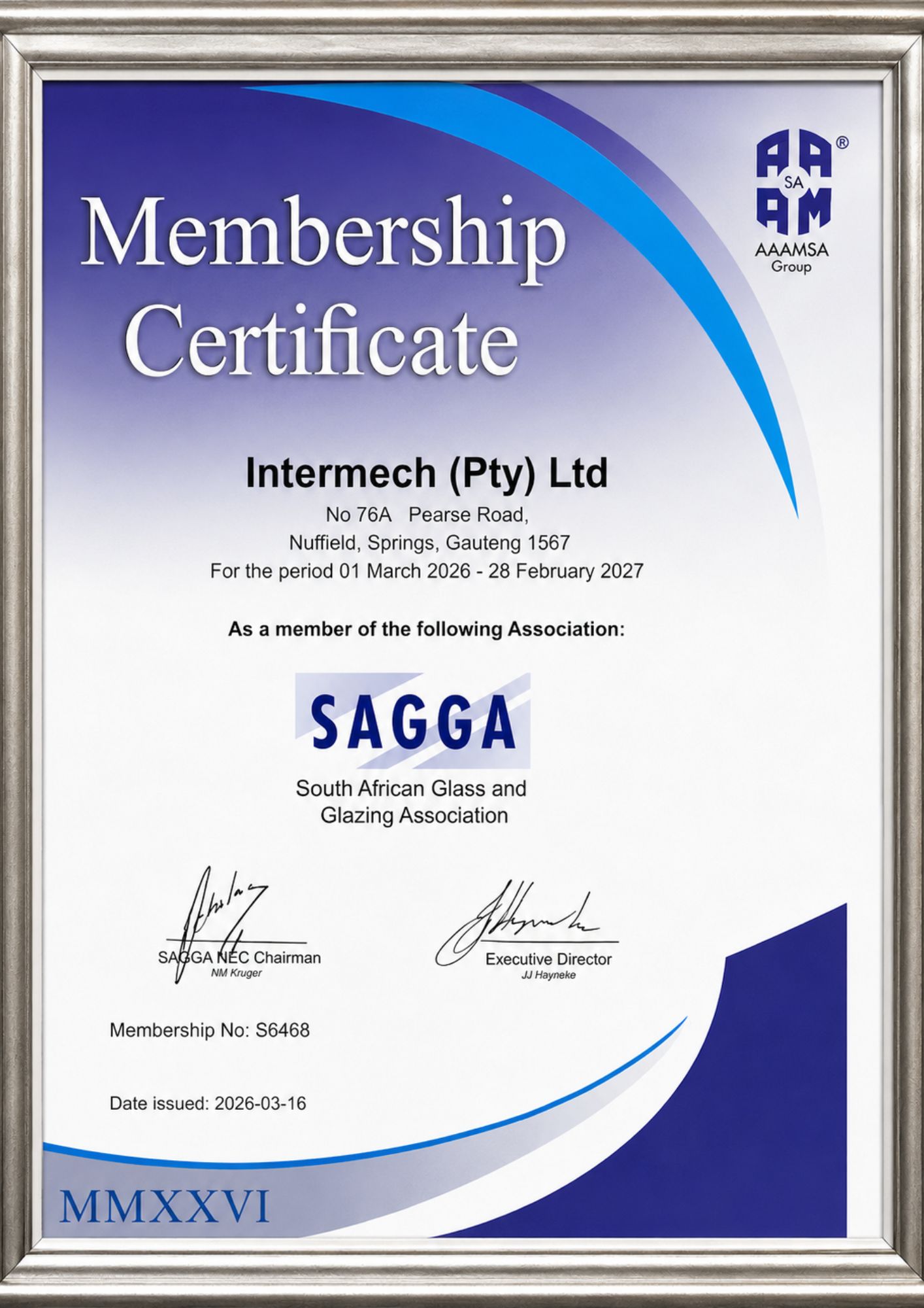 Intermech Pty Ltd AAAMSA Group membership certificate for the South African Glass and Glazing Association.
