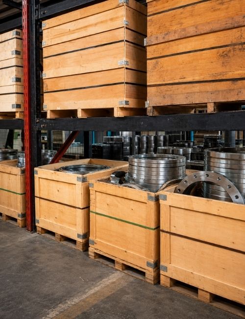 Intermech Industrial Product Stock and Facility Support Industrial warehouse with organised wooden stock crates and racking, showing Intermech product storage and facility support.