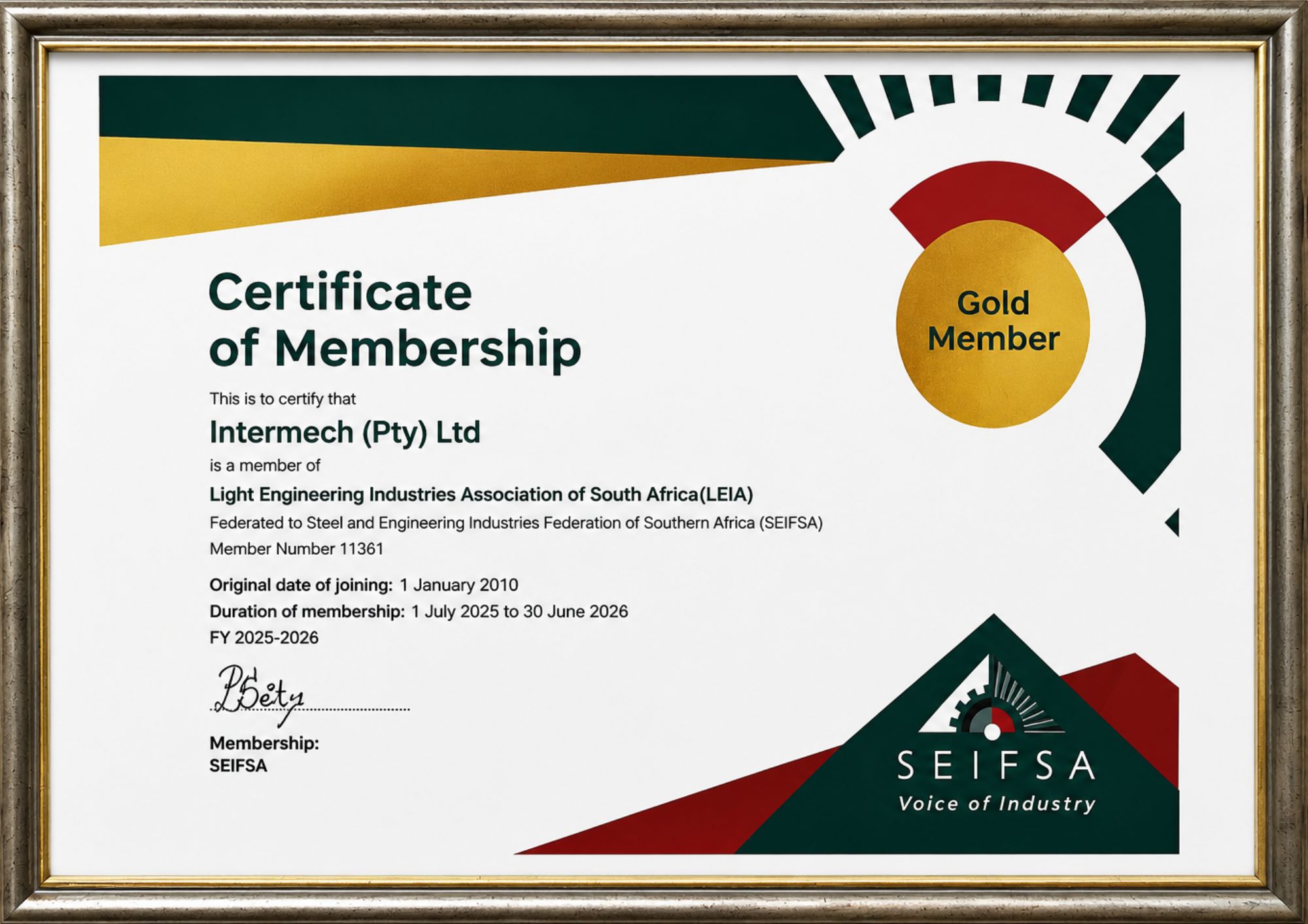 Intermech Pty Ltd Gold Member certificate for the Light Engineering Industries Association of South Africa and SEIFSA.