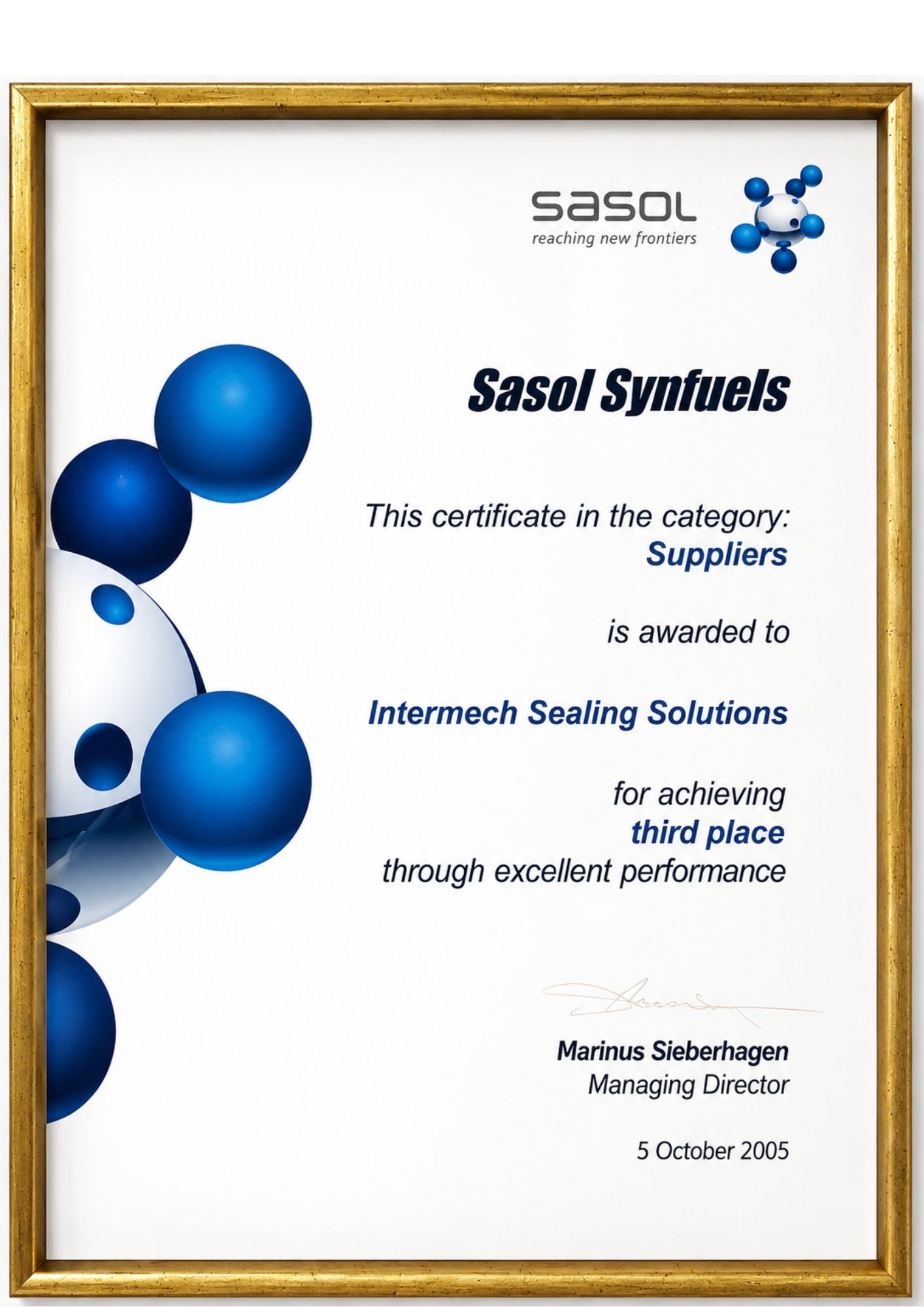 Sasol Synfuels supplier certificate awarded to Intermech Sealing Solutions for excellent supplier performance.