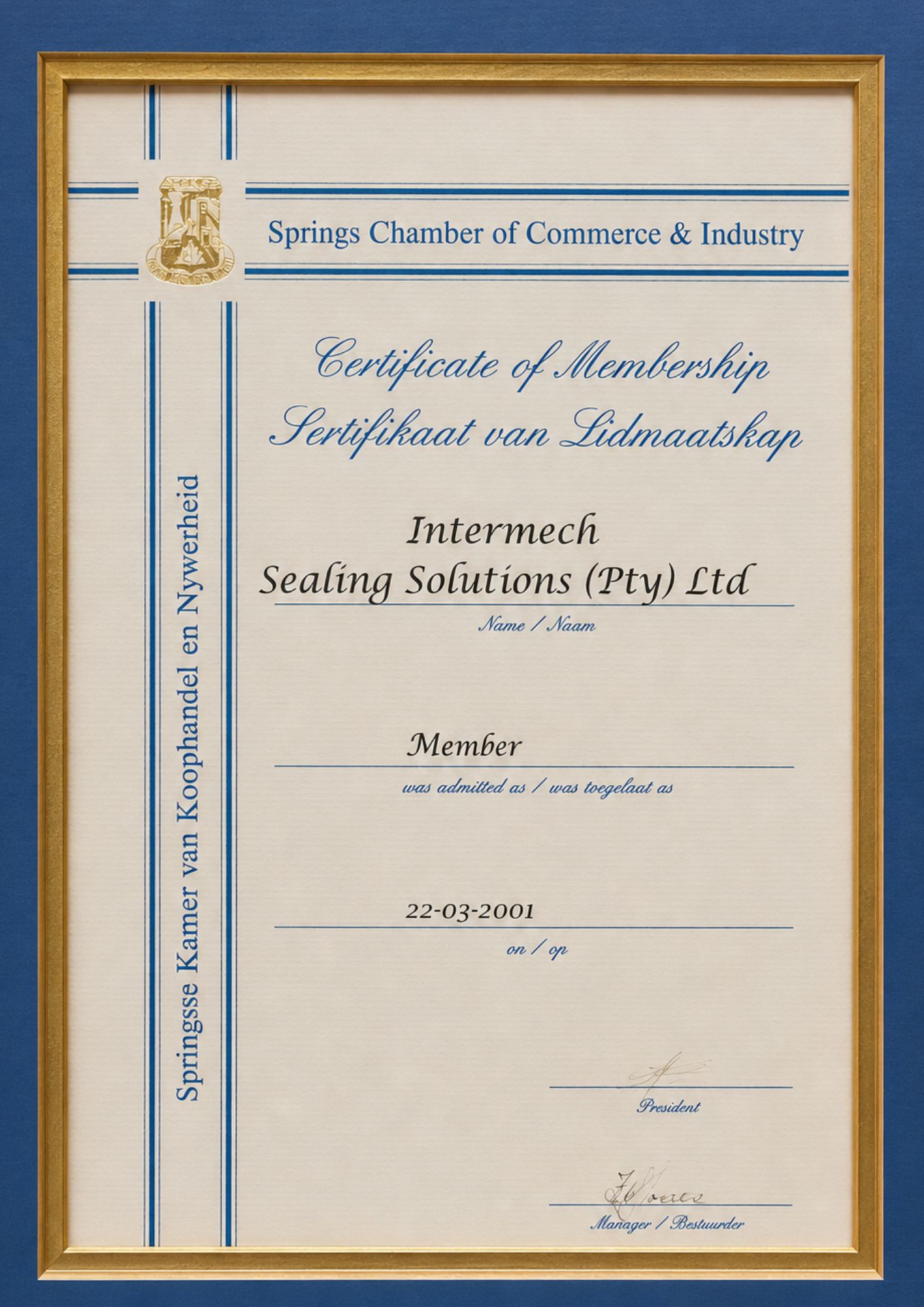 Intermech Sealing Solutions Pty Ltd certificate of membership with the Springs Chamber of Commerce and Industry.