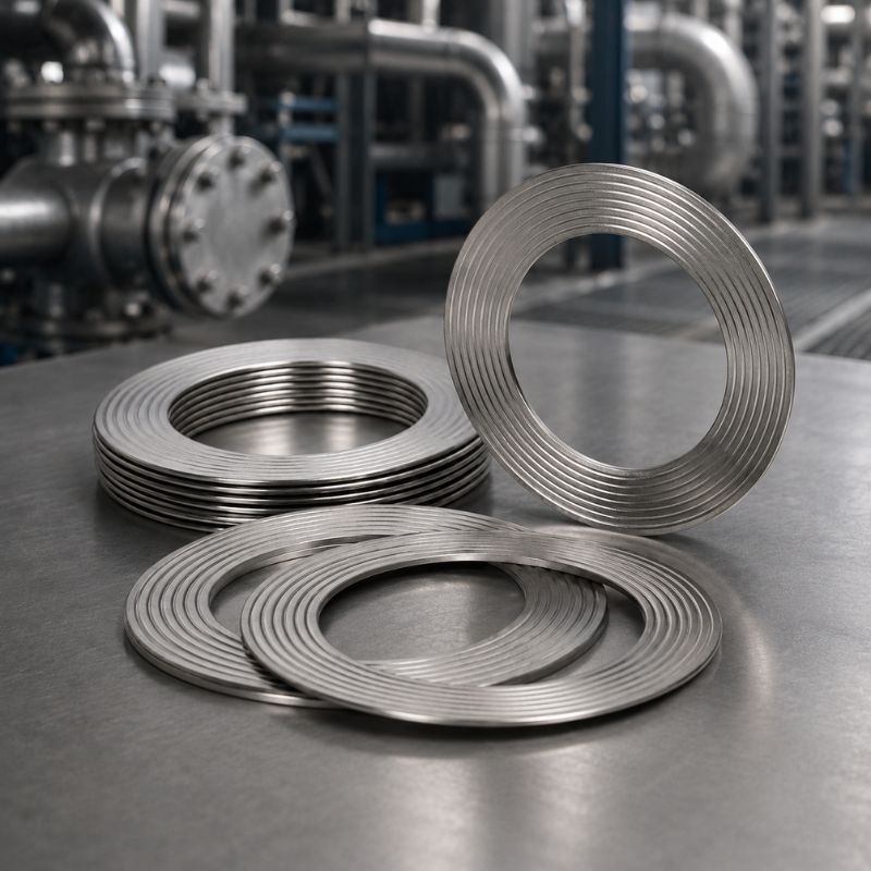 Metallic Industrial Gaskets in Plant Environment Metallic grooved industrial gaskets arranged on a steel workbench with a blurred piping and flange system in the background, representing gasket sealing products for industrial plant applications.