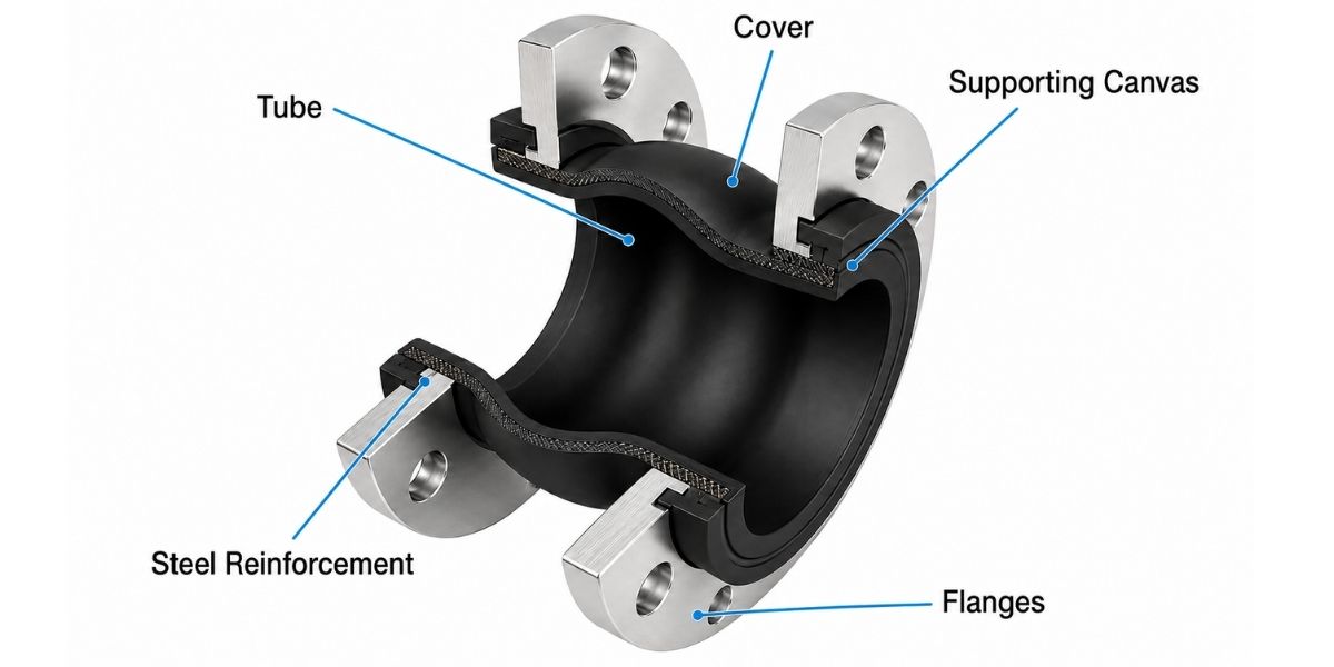 Armflex rubber bellow cutaway showing tube, cover, supporting canvas, steel reinforcement and flanges