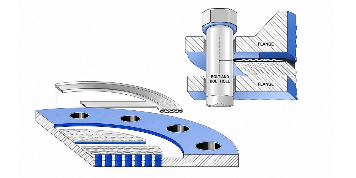 Spiral Wound Gasket and Flange Assembly Technical Diagram Technical illustration of a spiral wound gasket and bolted flange assembly, showing an exploded gasket cross-section with layered construction, bolt holes, and a detailed flange sealing arrangement.